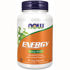 NWF387 | NOW Energy supplement bottle with orange label reading ENERGY and Energy Boost, 90 Veg Capsules