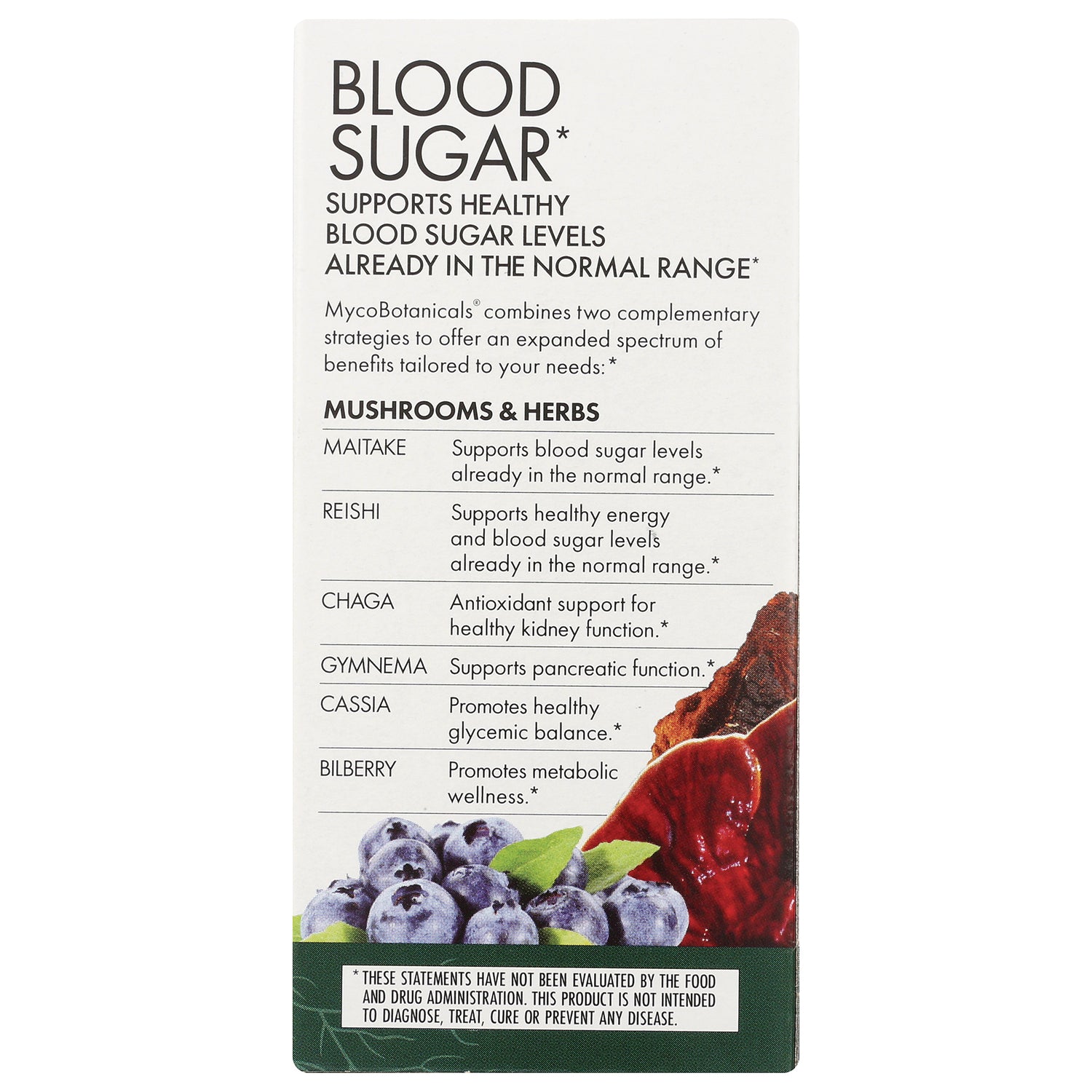 FUN014 | Product infographic titled BLOOD SUGAR listing mushrooms & herbs with blueberries and reishi image
