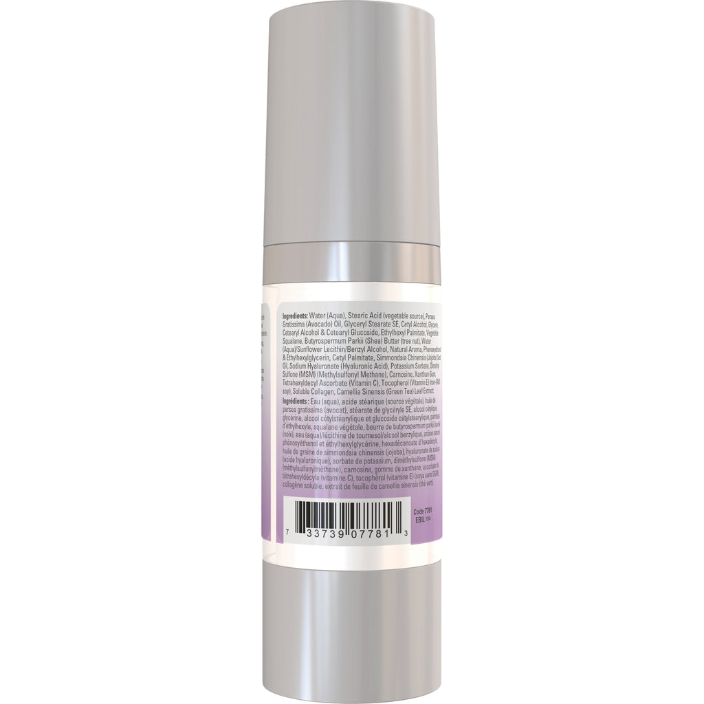 NWF484 | Back of silver cylindrical skincare bottle showing ingredients label and barcode - Thumbnail