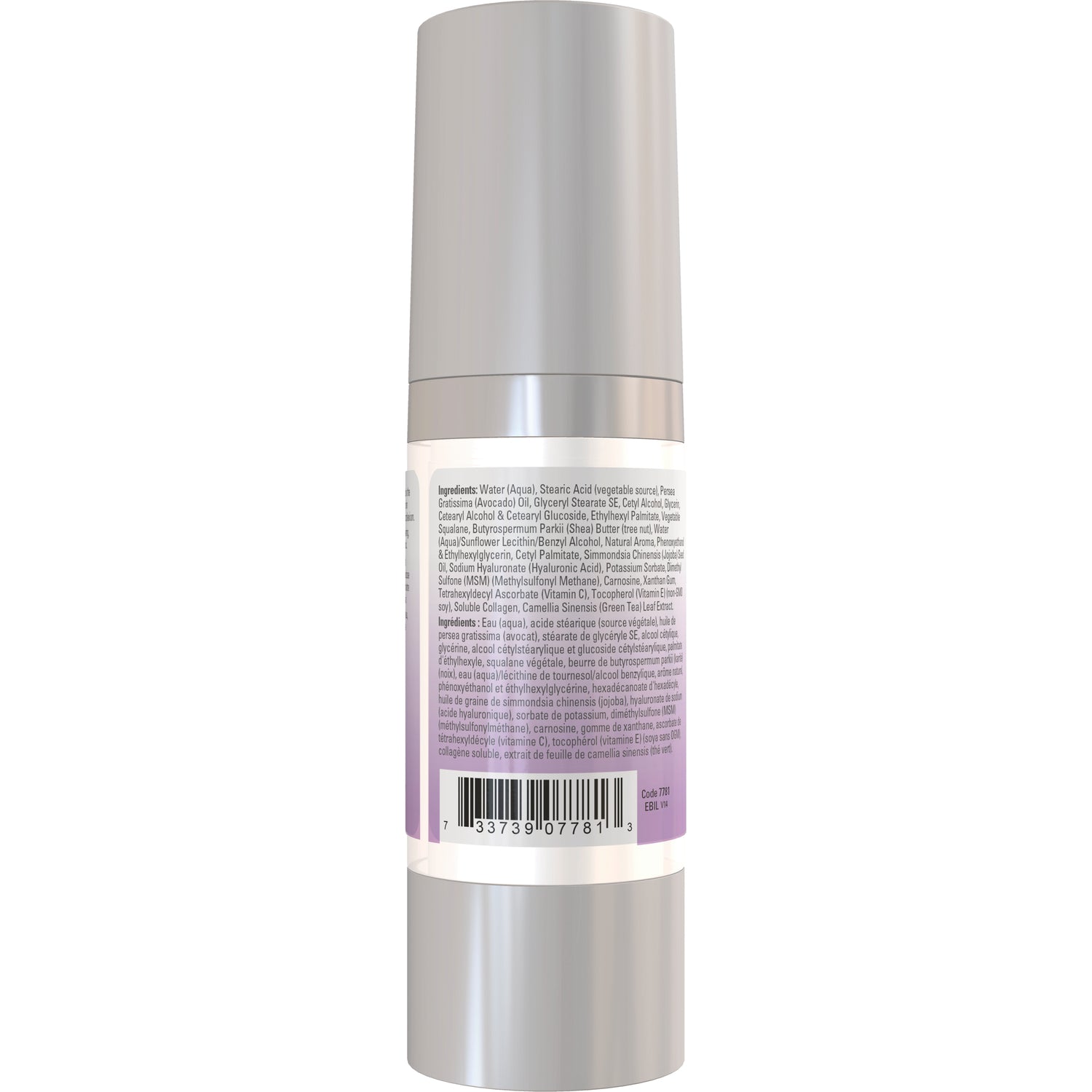 NWF484 | Back of silver cylindrical skincare bottle showing ingredients label and barcode