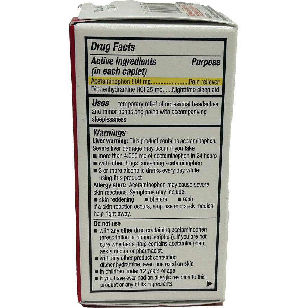 QCH010 | Back panel showing Drug Facts with active ingredients Acetaminophen 500 mg and Diphenhydramine HCl 25 mg - Thumbnail