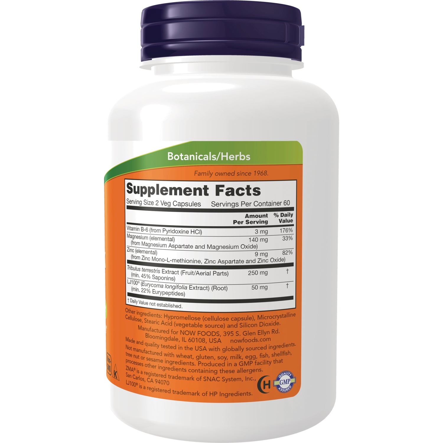 NWF851 | Back of white supplement bottle showing green Botanicals/Herbs header and Supplement Facts nutrition panel