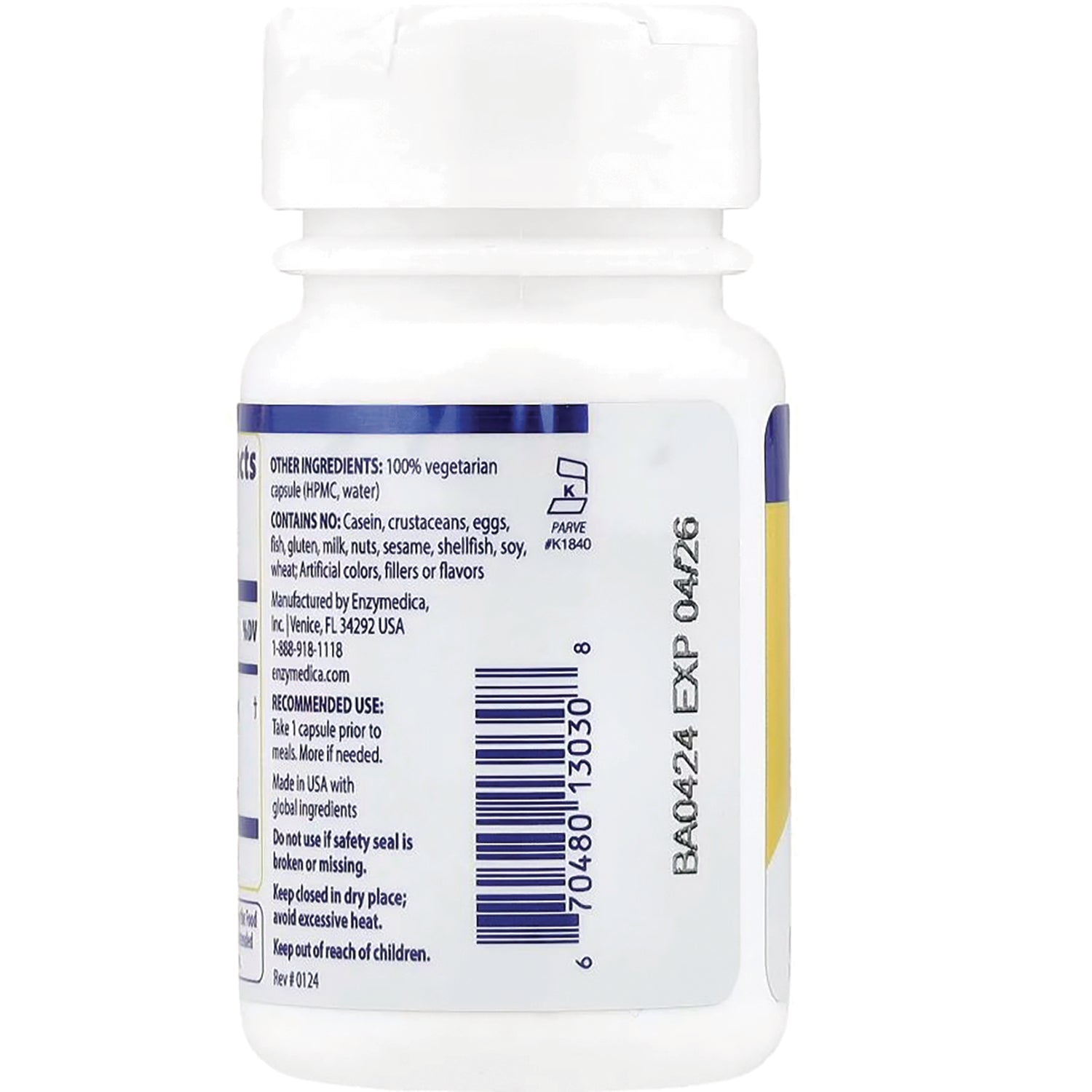 EMD051 | back label of white supplement bottle showing ingredient list, barcode and expiration code EXP 04/26