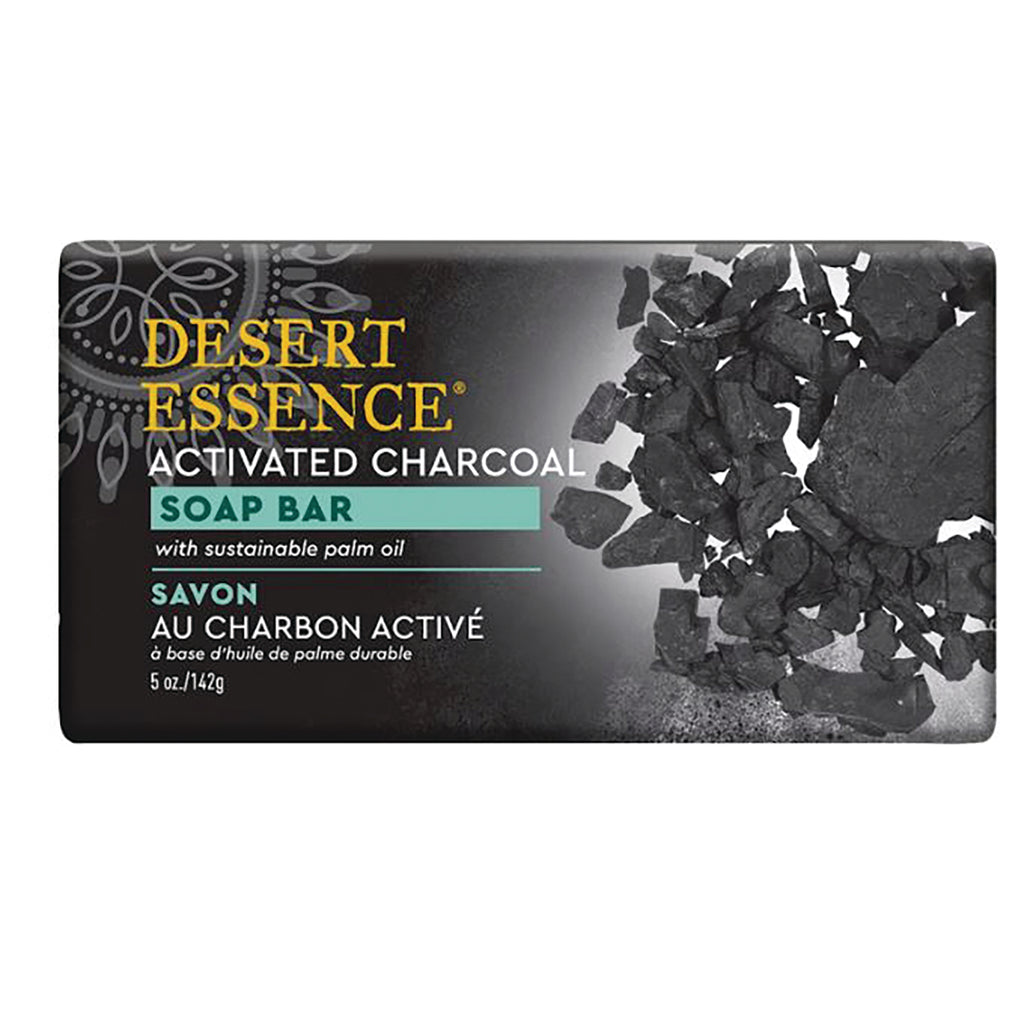 DST147 | Desert Essence activated charcoal soap bar packaging showing charcoal pieces and SOAP BAR with sustainable palm oil text - Thumbnail