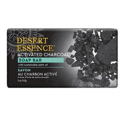 DST147 | Desert Essence activated charcoal soap bar packaging showing charcoal pieces and SOAP BAR with sustainable palm oil text