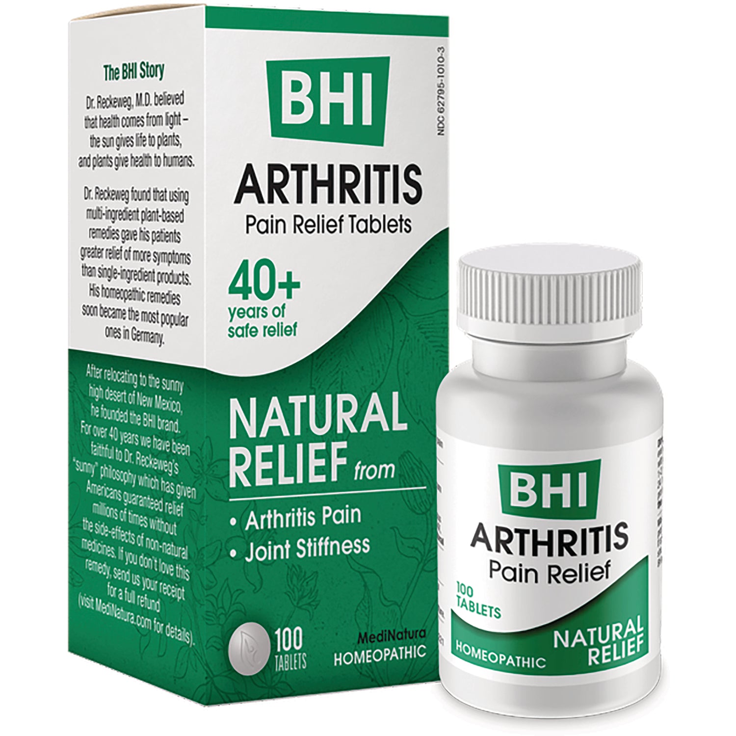 MNA034 | BHI ARTHRITIS pain relief tablets front packaging showing NATURAL RELIEF, 40+ years, 100 tablets