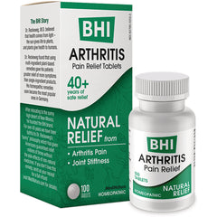 MNA034 | BHI ARTHRITIS pain relief tablets front packaging showing NATURAL RELIEF, 40+ years, 100 tablets