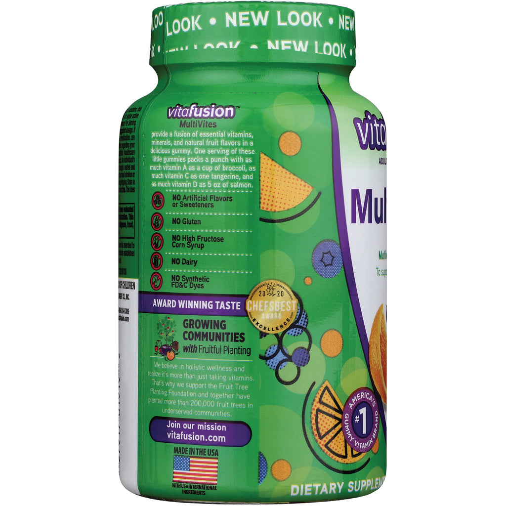 VFS016 | vitafusion MultiVites bottle side panel listing: No Artificial Flavors, No Gluten, No HFCS, No Dairy, No Synthetic Dyes - Thumbnail