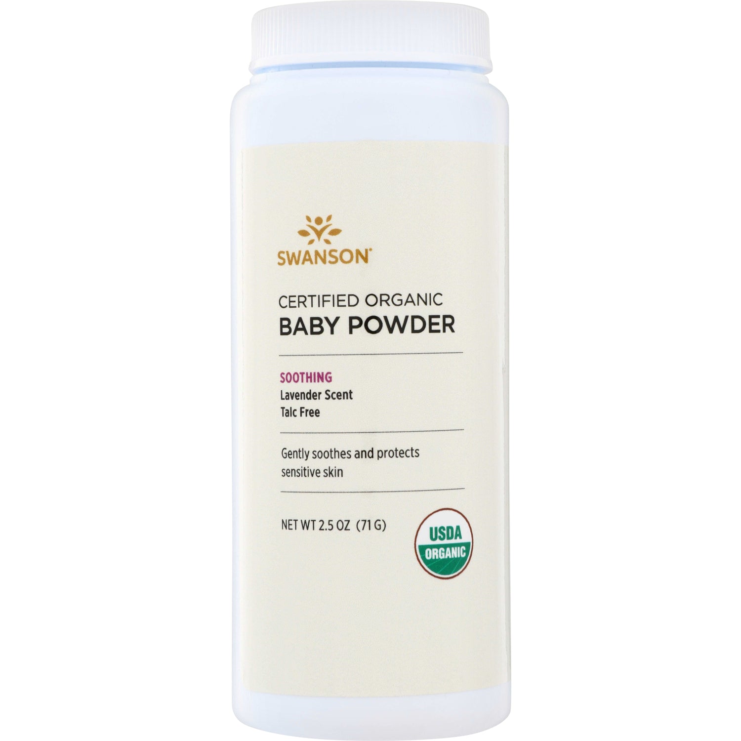 SW1679 | Swanson Certified Organic Baby Powder, soothing lavender scent, talc free, 2.5 oz