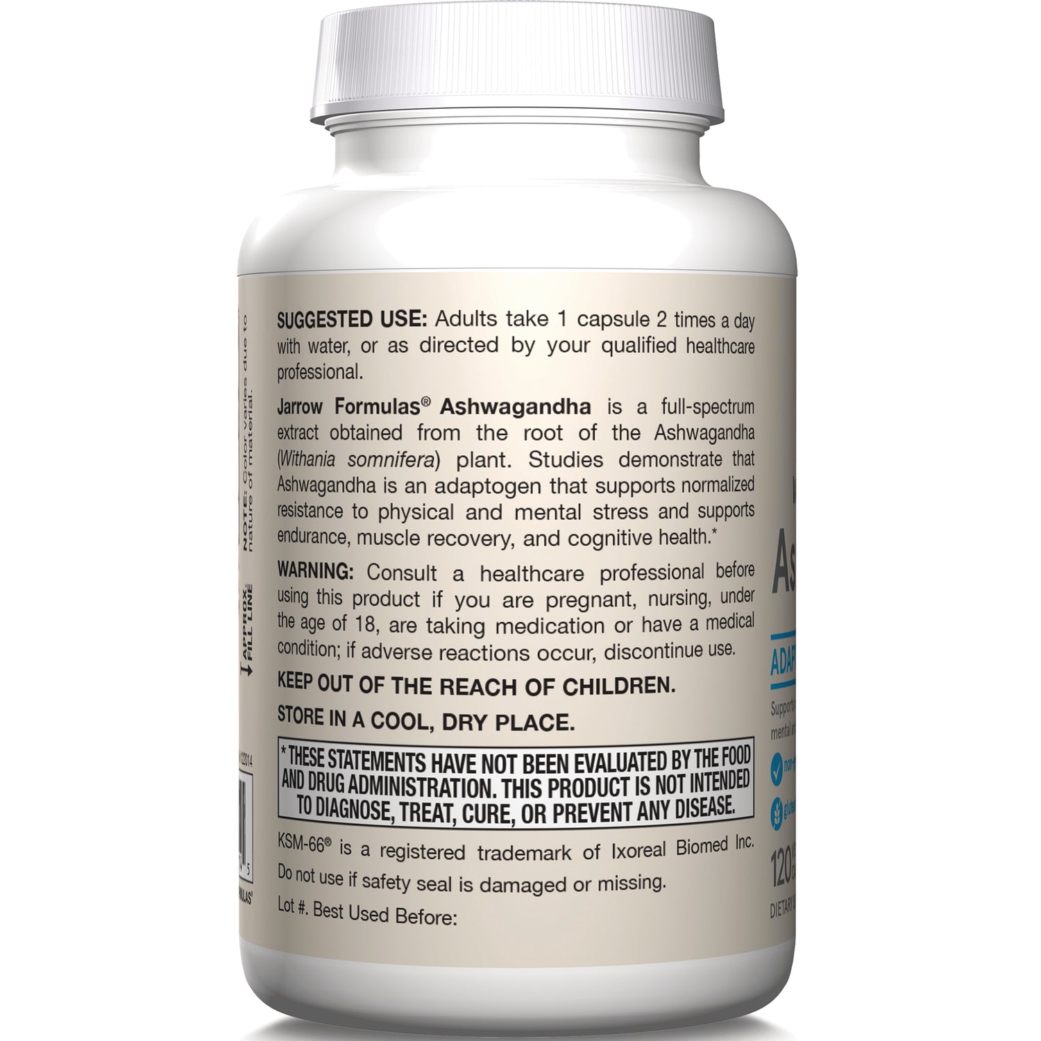 JR075 | Back label of supplement bottle showing suggested use, warnings, storage instructions and FDA disclaimer