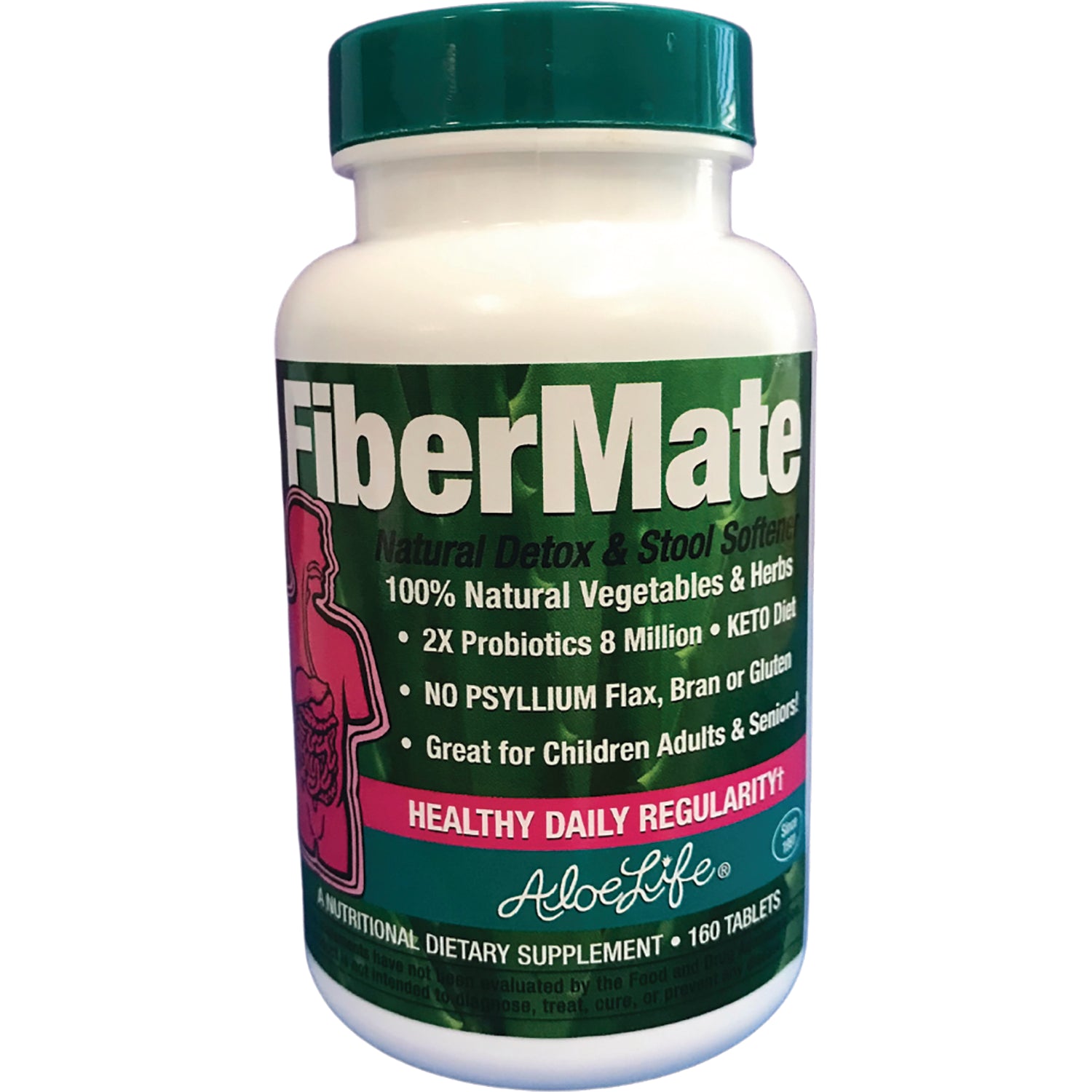 ALI007 | White bottle of FiberMate dietary supplement with green label reading Healthy Daily Regularity