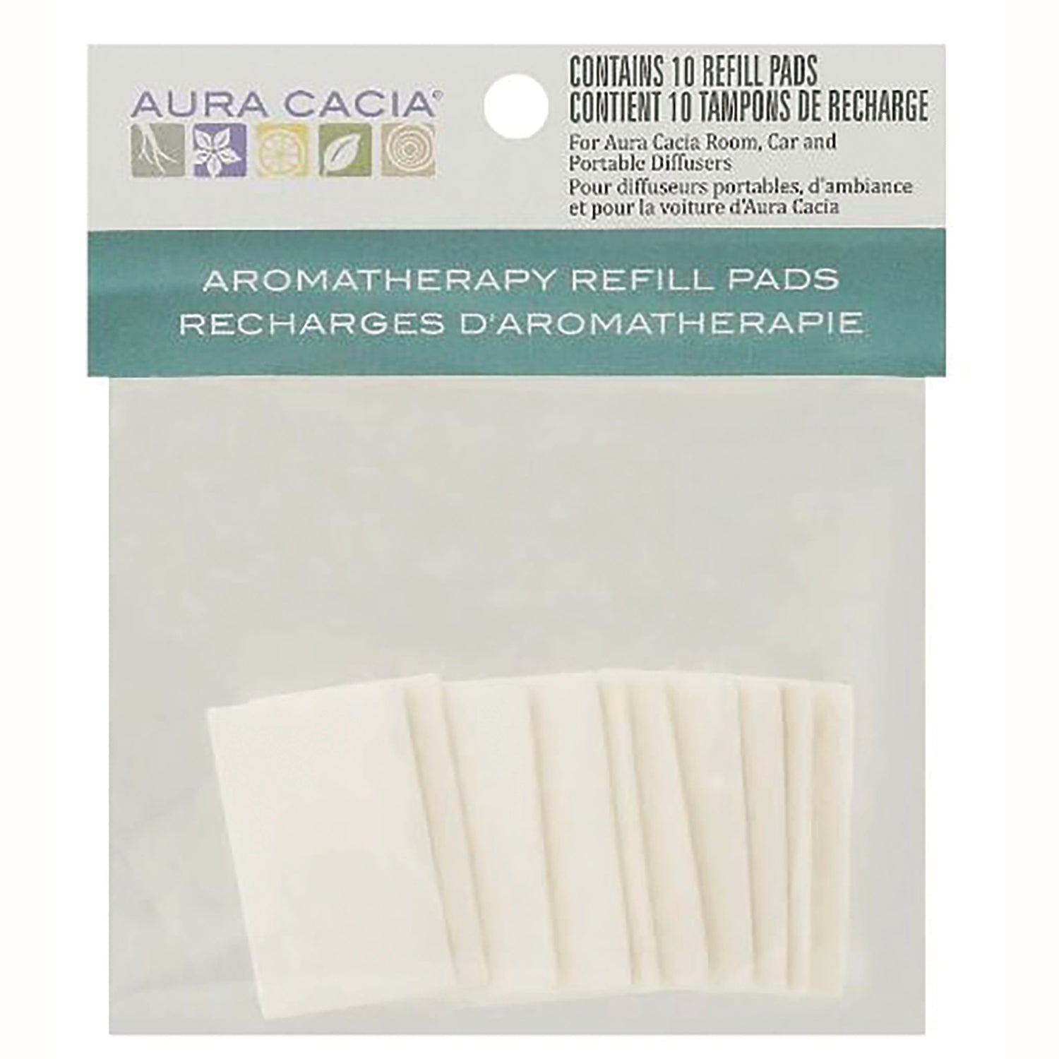 ARC019 | Aura Cacia aromatherapy refill pads pack showing ten white refill pads and header reading \