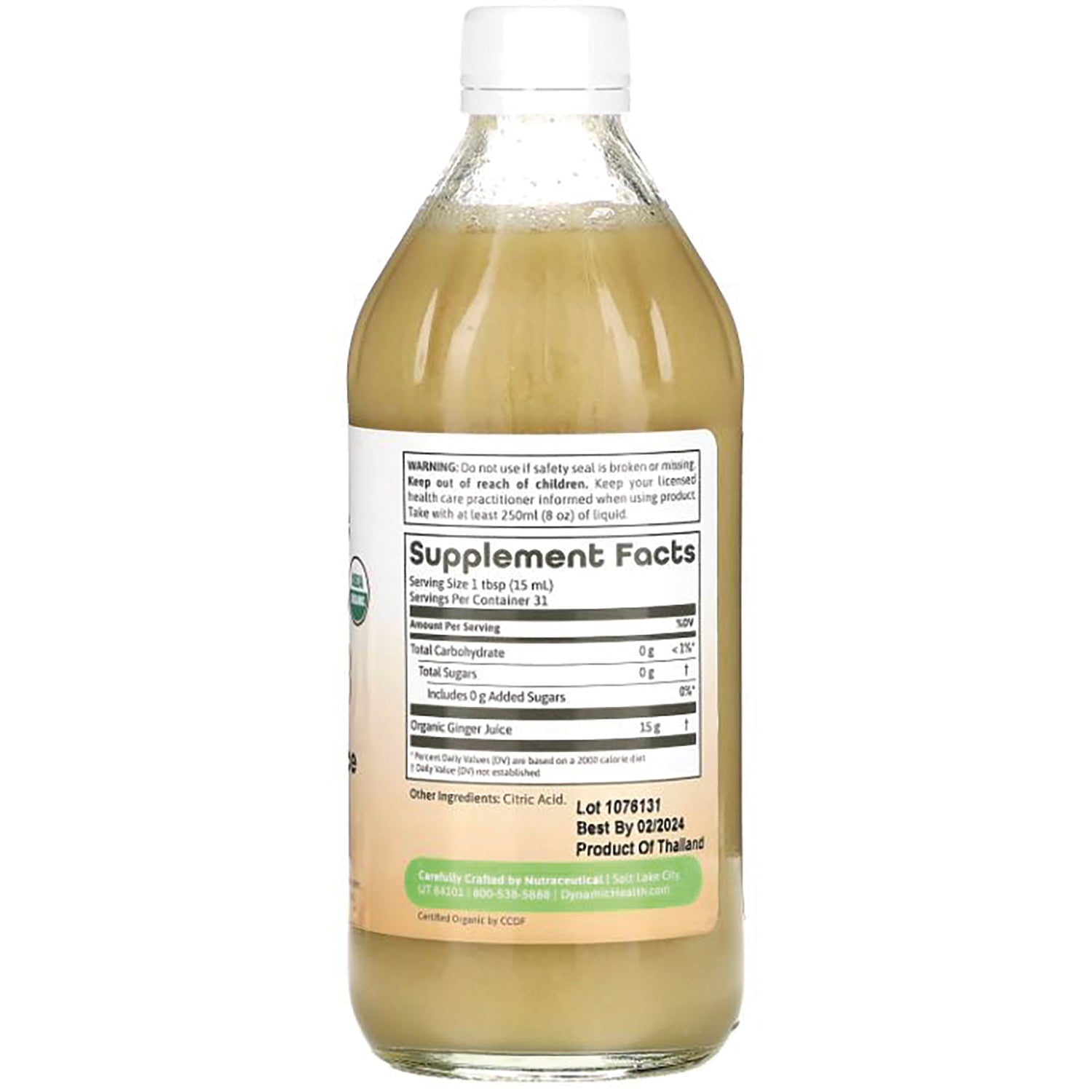 DYH053 | back of glass bottle with Supplement Facts label, Lot 1076131 and Best By 02/2024