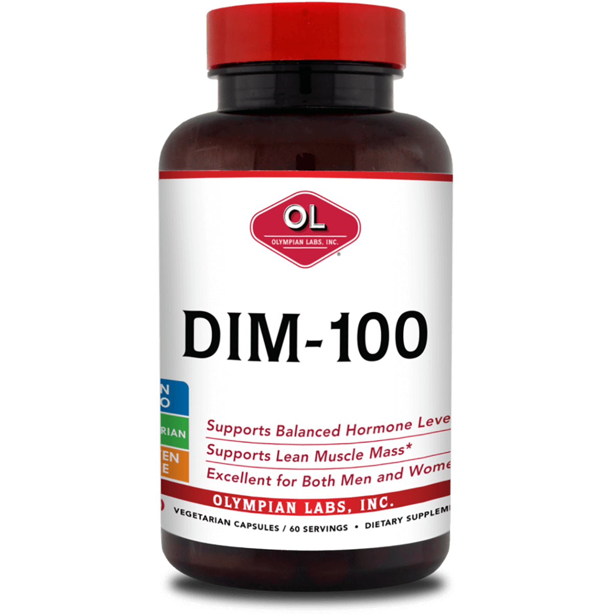 OL015 | DIM-100 supplement bottle by Olympian Labs with white label and red cap