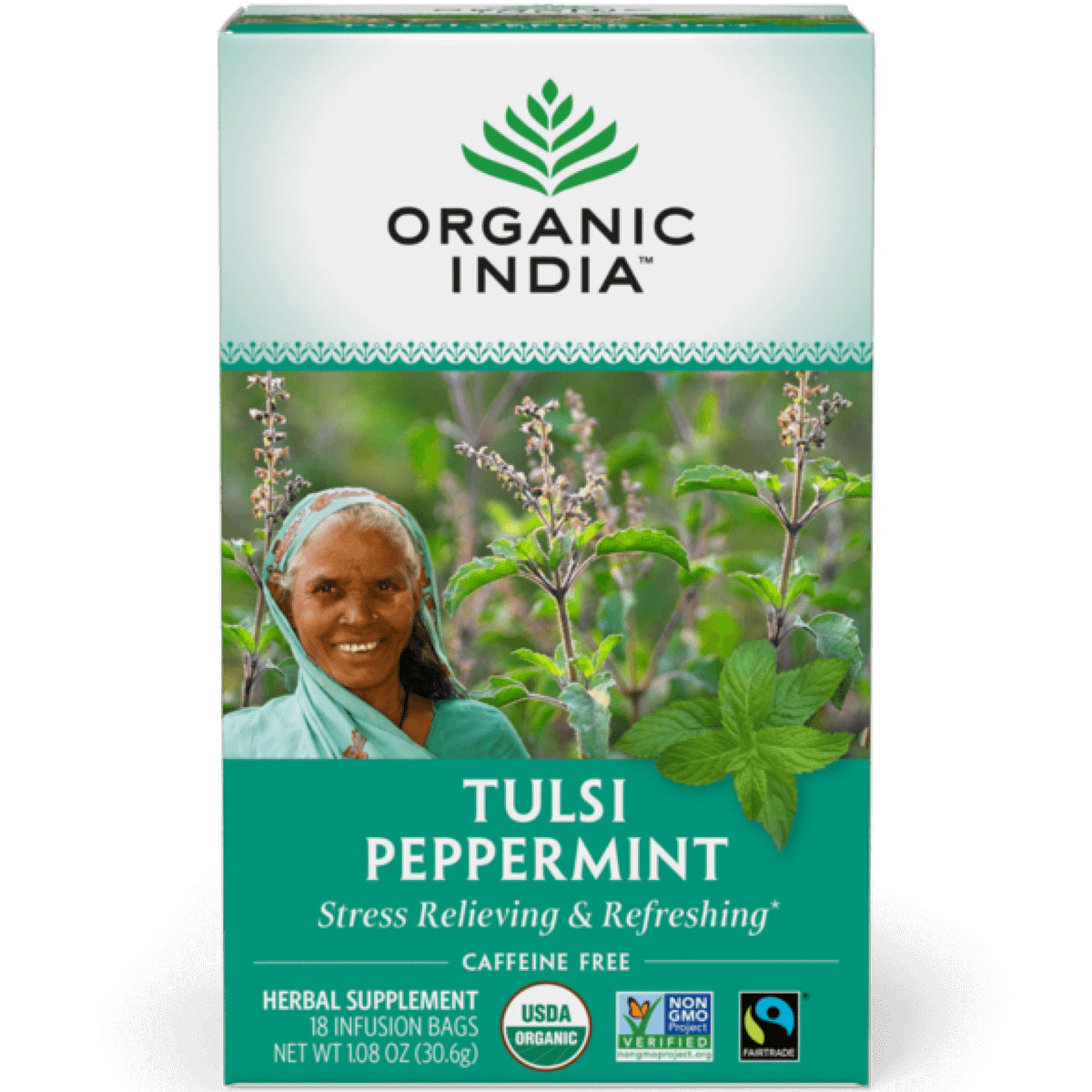 RGN007 | Organic India Tulsi Peppermint tea box front showing brand logo, woman portrait, mint leaves, caffeine free label