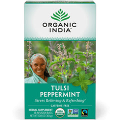 RGN007 | Organic India Tulsi Peppermint tea box front showing brand logo, woman portrait, mint leaves, caffeine free label