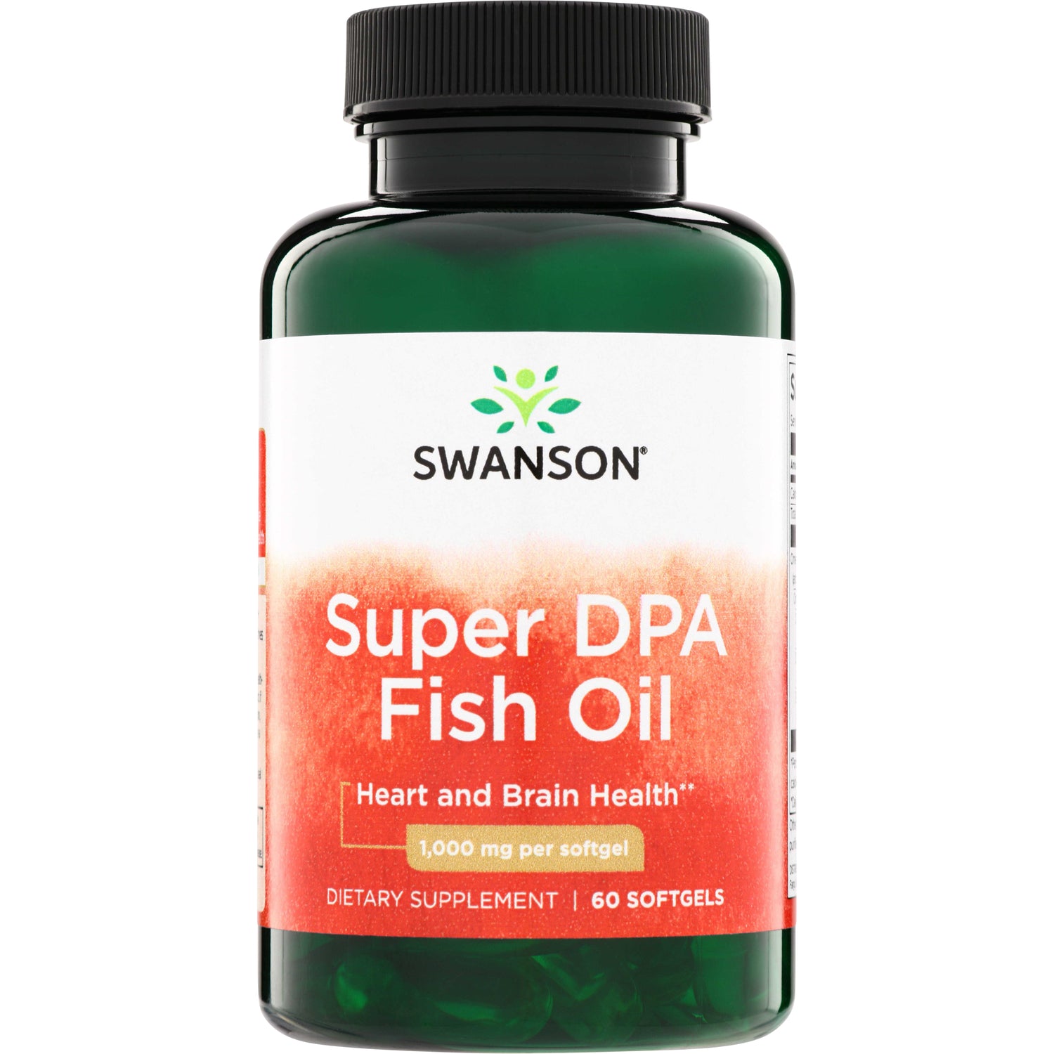 SWE064 | Swanson Super DPA Fish Oil green bottle with white and orange label reading "Heart and Brain Health" and "1,000 mge