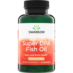 SWE064 | Swanson Super DPA Fish Oil green bottle with white and orange label reading "Heart and Brain Health" and "1,000 mge