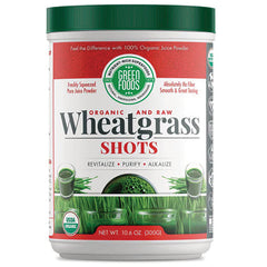 Wheatgrass Shots canister front label showing Green Foods logo, USDA Organic badge, net wt 10.6 oz