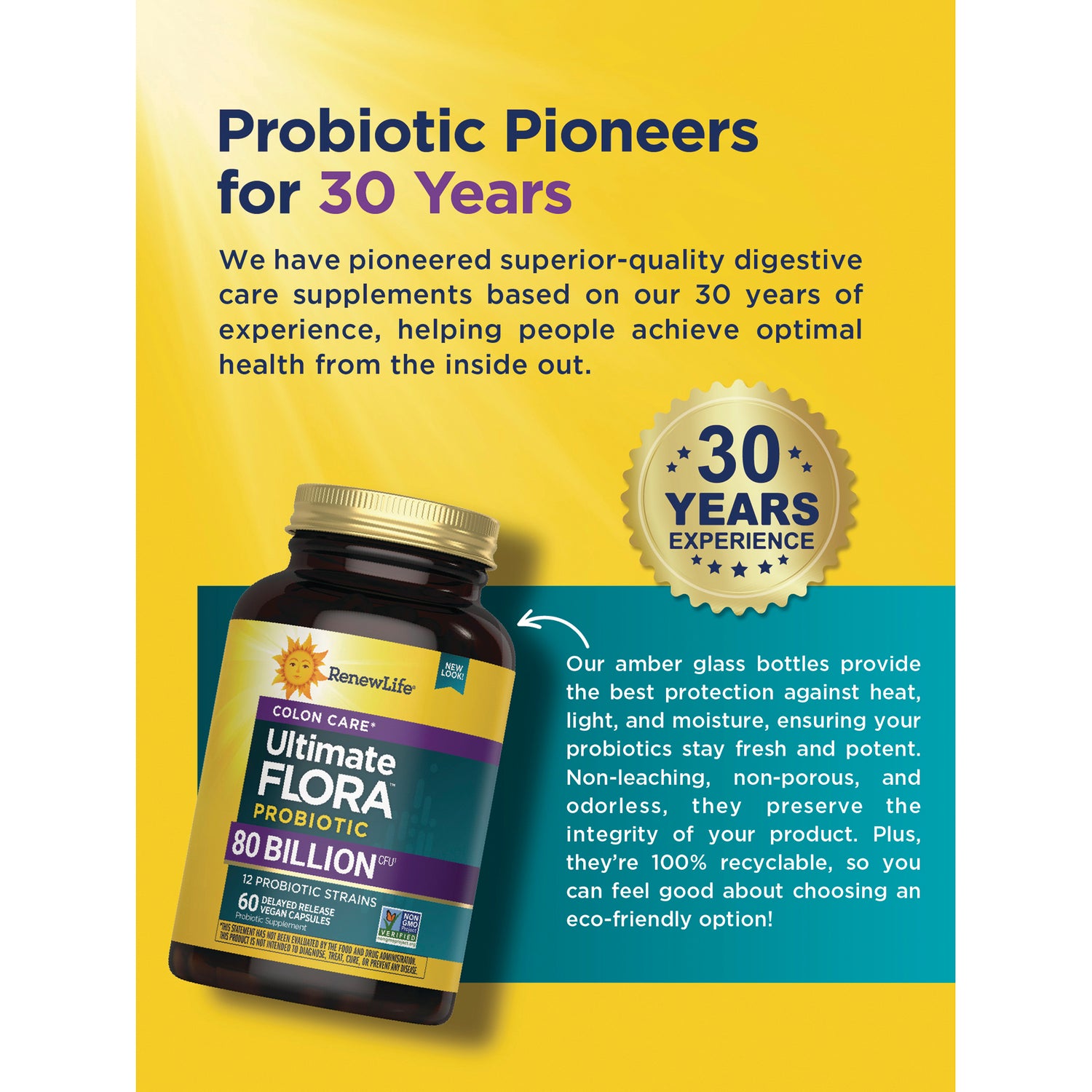 RNL252 | Product infographic showing RenewLife Ultimate Flora probiotic bottle, 30 years experience badge and key product features