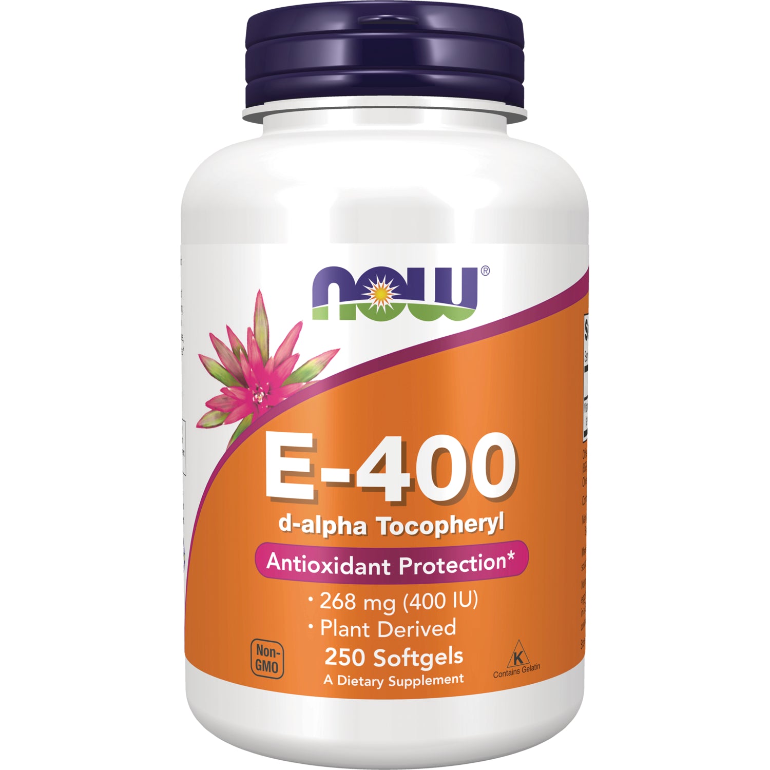 NWF1323 | NOW E-400 d-alpha Tocopheryl 250 softgels bottle with orange label