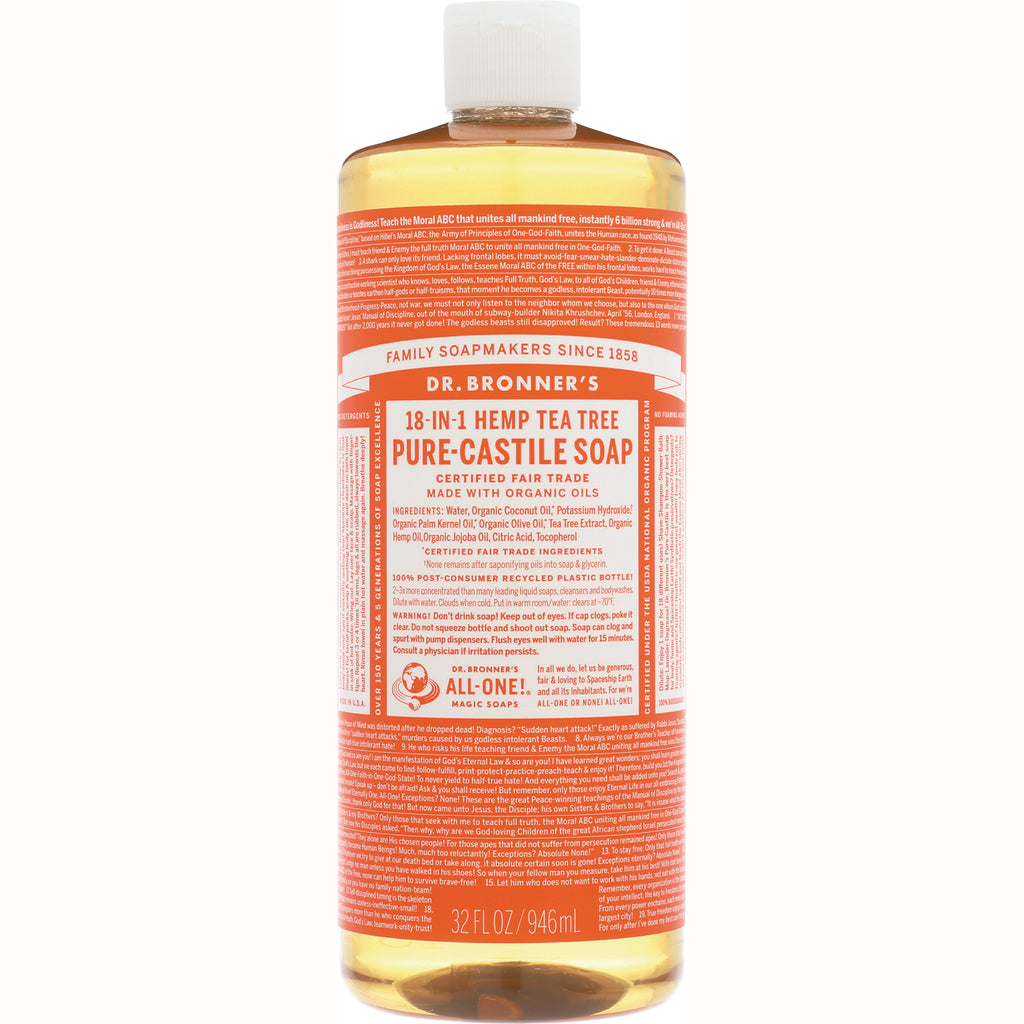 DRB029 | Dr. Bronner's 18-in-1 Hemp Tea Tree Pure-Castile Soap 32 fl oz bottle front label visible - Thumbnail
