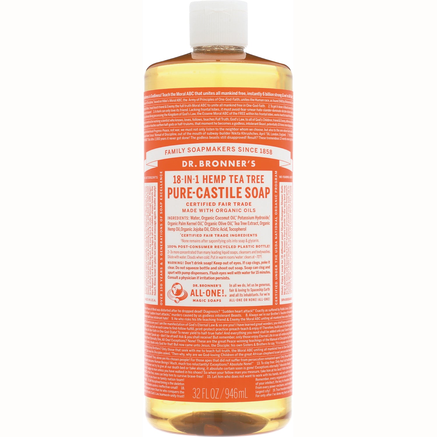 DRB029 | Dr. Bronner's 18-in-1 Hemp Tea Tree Pure-Castile Soap 32 fl oz bottle front label visible