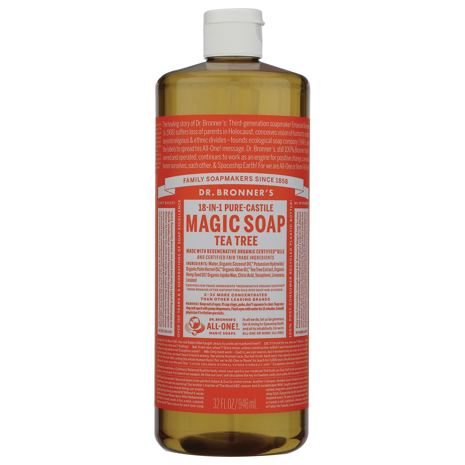DRB029 | Dr. Bronner's 18-in-1 Hemp Tea Tree Pure-Castile Soap 32 fl oz bottle front label visible
