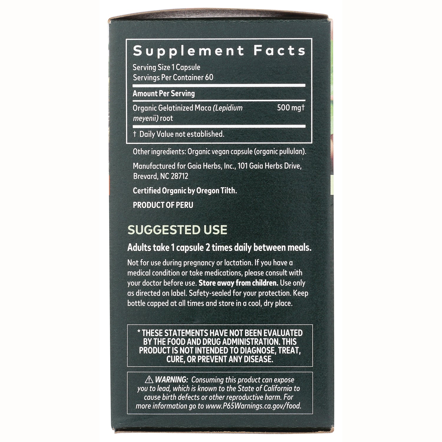 Supplement facts and suggested use panel on dark green supplement box showing serving size, ingredients, directions, and warning
