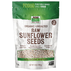 NWF1421 | NOW Real Food organic unsalted raw sunflower seeds pouch with clear product window, 16 oz