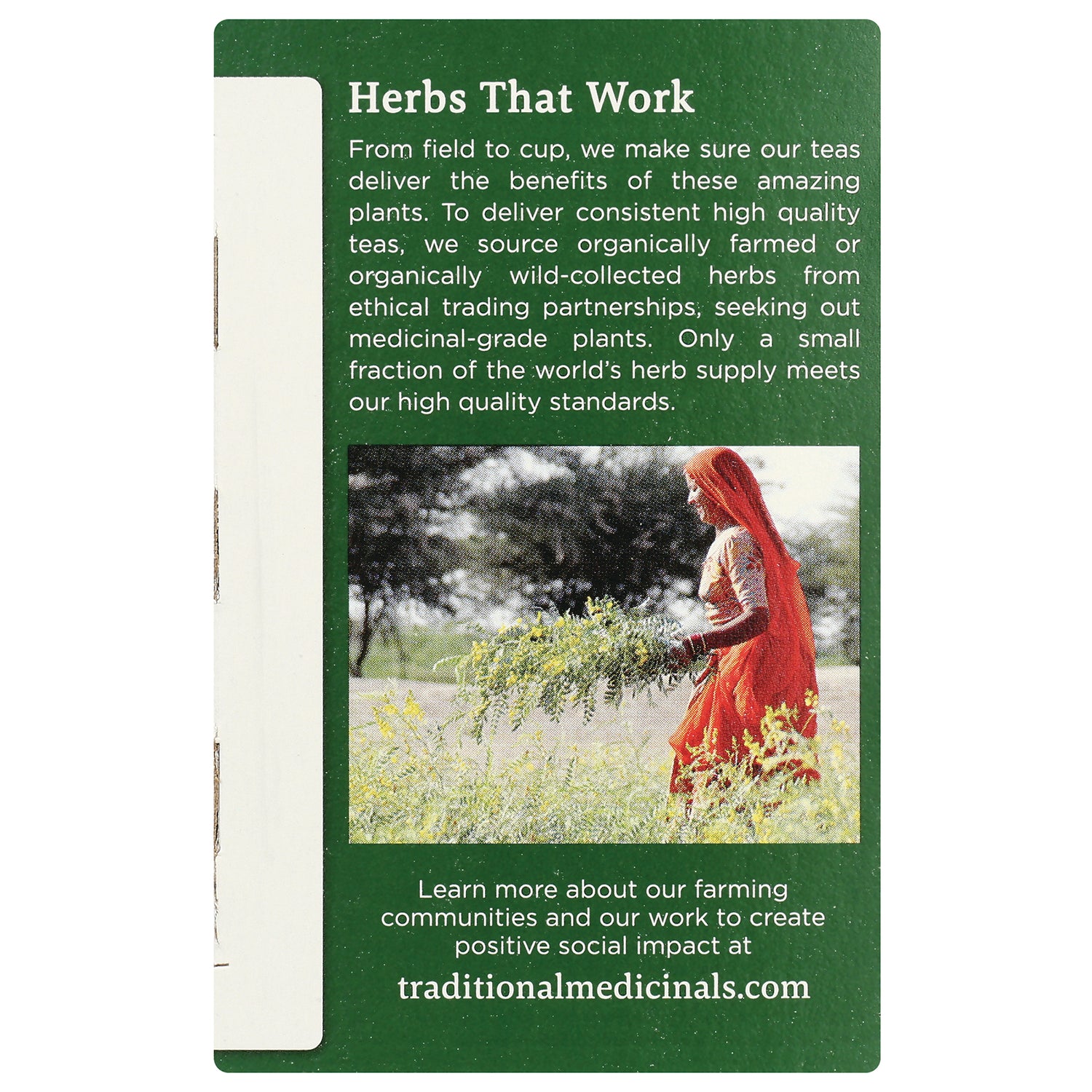 TMD018 | Herbs That Work panel with sourcing message and photo of herb harvester; text includes traditionalmedicinals.com