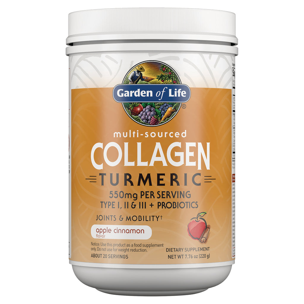 GLF281 | Garden of Life multi-sourced Collagen Turmeric apple cinnamon powder tub front label showing 550mg per serving - Thumbnail
