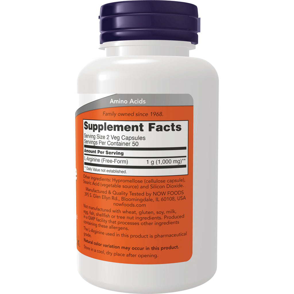 NWF021 | Back of white supplement bottle with orange Supplement Facts label listing L-Arginine 1 g and serving size 2 veg capsules - Thumbnail