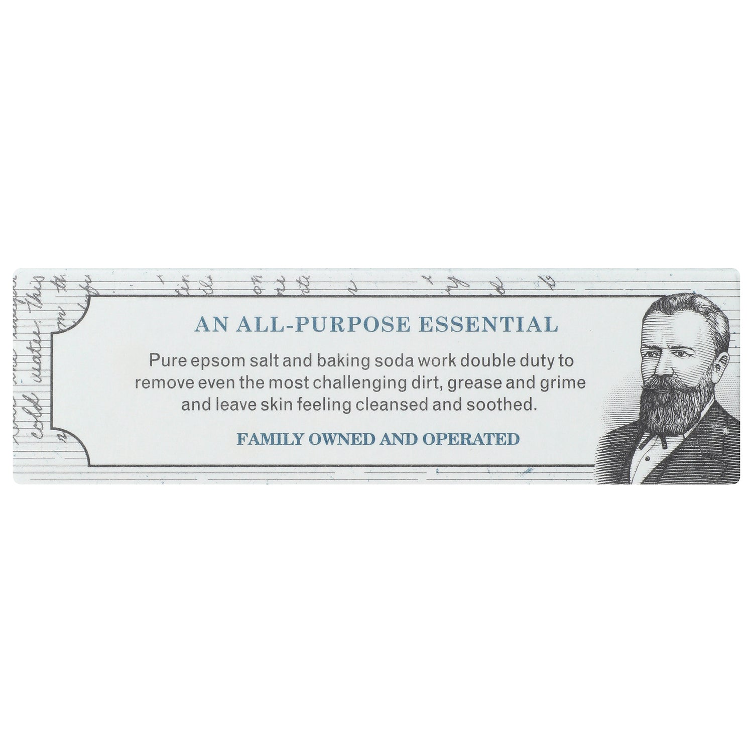 GP032 | Back label reading AN ALL-PURPOSE ESSENTIAL, text about epsom salt and baking soda cleaning action and FAMILY OWNED AND OPERATED
