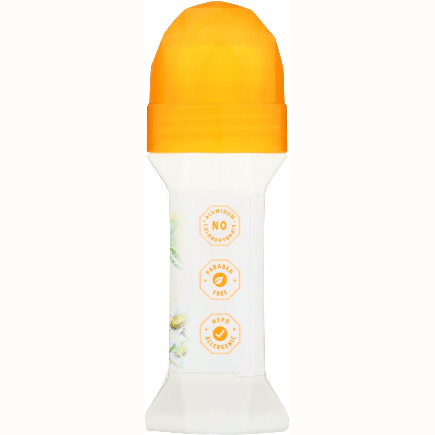 CRY011 | Back of white roll-on deodorant with orange cap and label showing NO Aluminum Chlorohydrate, Paraben Free, Hypo Allergenic