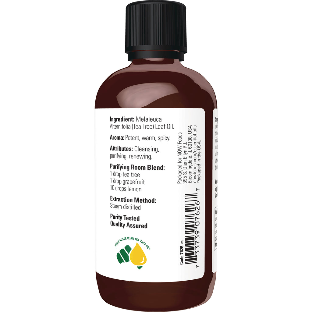 NWF512 | Back label of brown bottle showing ingredients Melaleuca alternifolia (Tea Tree) leaf oil, usage directions, and barcode - Thumbnail