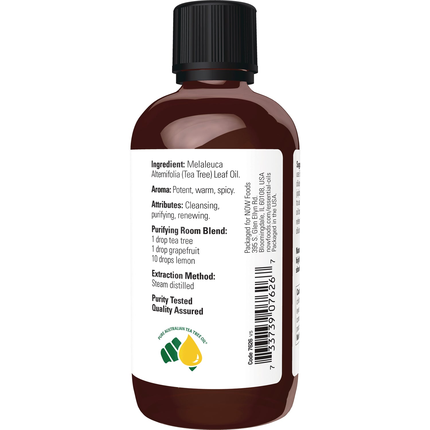 NWF512 | Back label of brown bottle showing ingredients Melaleuca alternifolia (Tea Tree) leaf oil, usage directions, and barcode