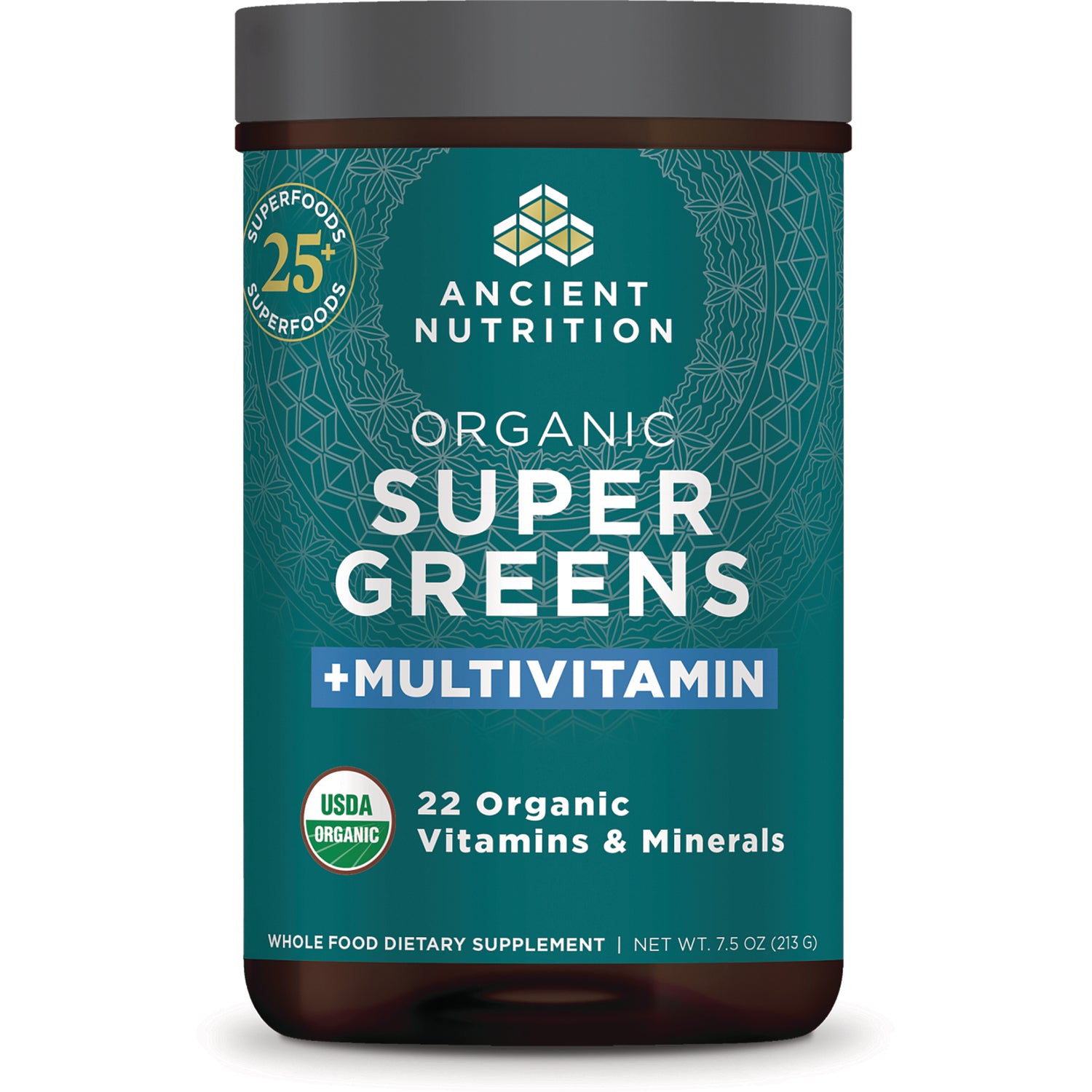 ATN113 | Ancient Nutrition Organic Super Greens +Multivitamin jar front label, USDA Organic, 22 organic vitamins & minerals