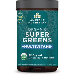 ATN113 | Ancient Nutrition Organic Super Greens +Multivitamin jar front label, USDA Organic, 22 organic vitamins & minerals