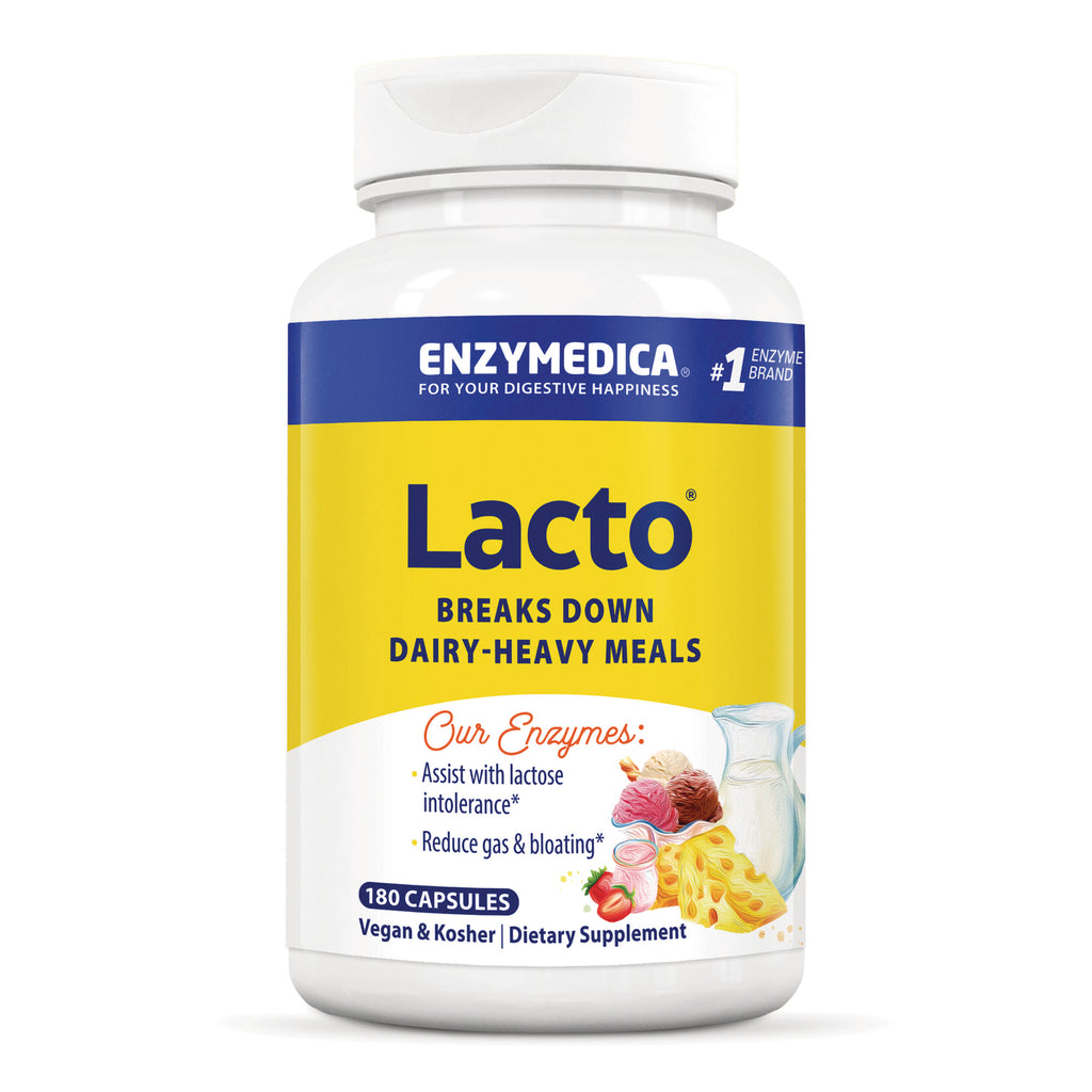 EMD102 | Bottle of Enzymedica Lacto supplement with yellow label reading breaks down dairy-heavy meals, 180 capsules - Thumbnail