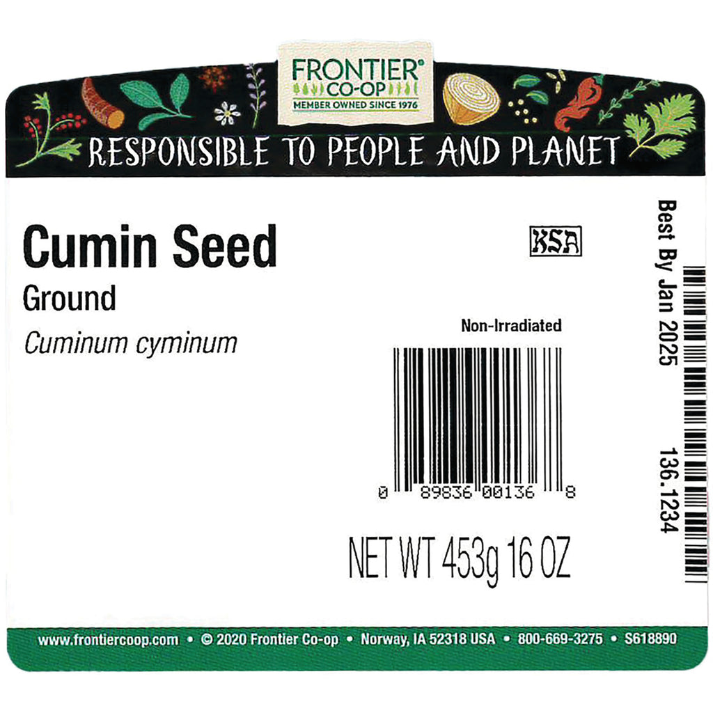 FNP035 | back label for Frontier Co-op ground cumin seed showing product name, barcode and NET WT 453g 16 OZ - Thumbnail