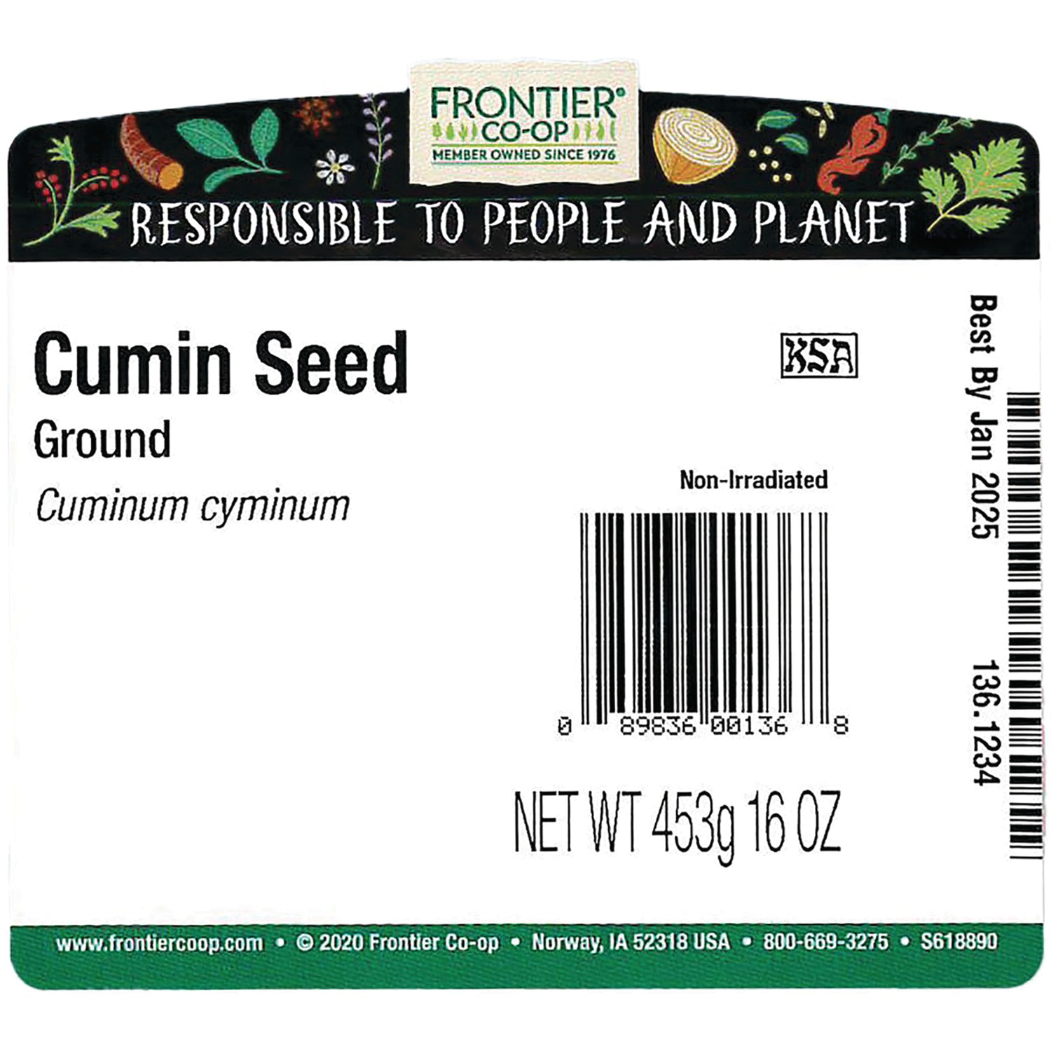 FNP035 | back label for Frontier Co-op ground cumin seed showing product name, barcode and NET WT 453g 16 OZ