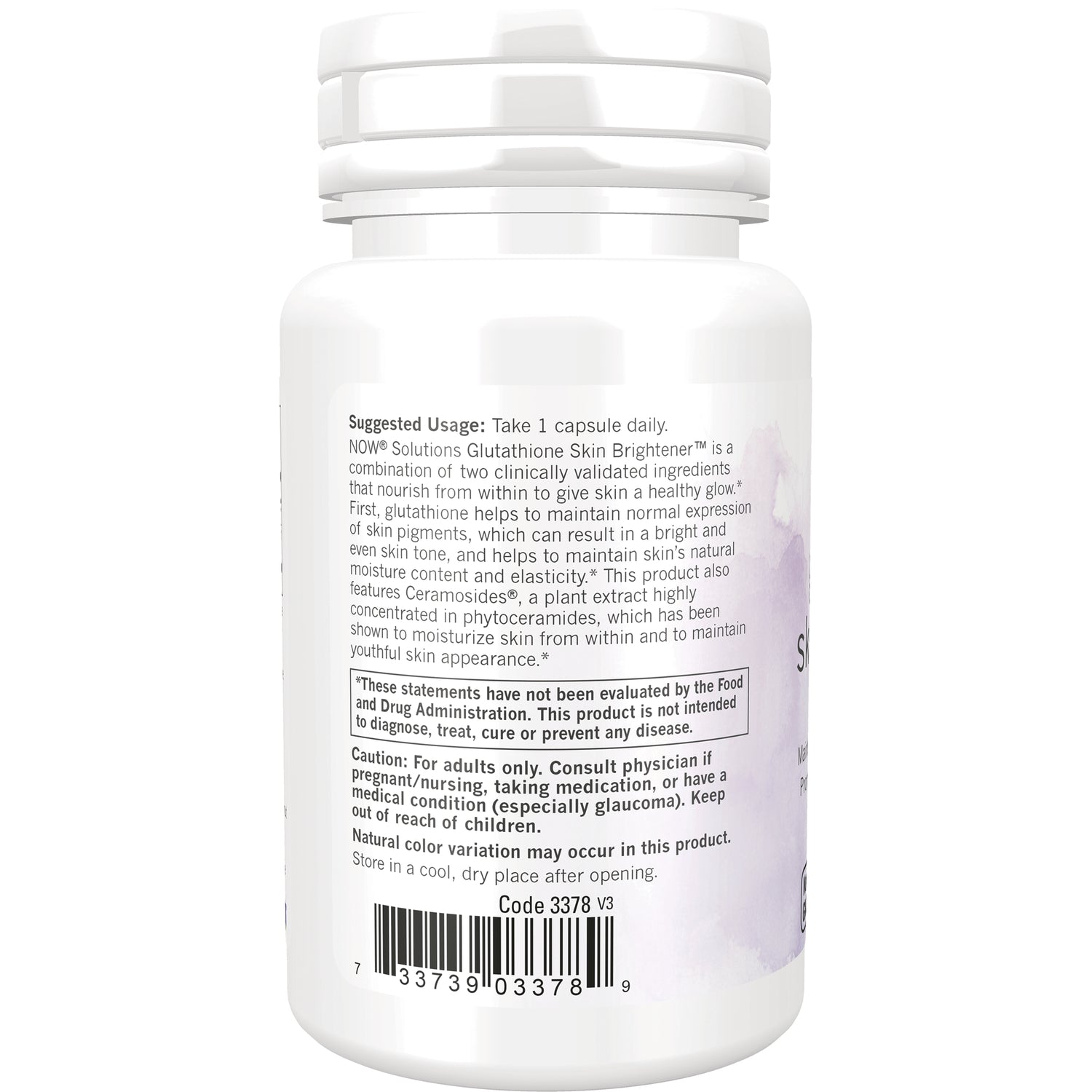NWF1357 | Back label showing suggested usage, caution statements, and barcode on white supplement bottle