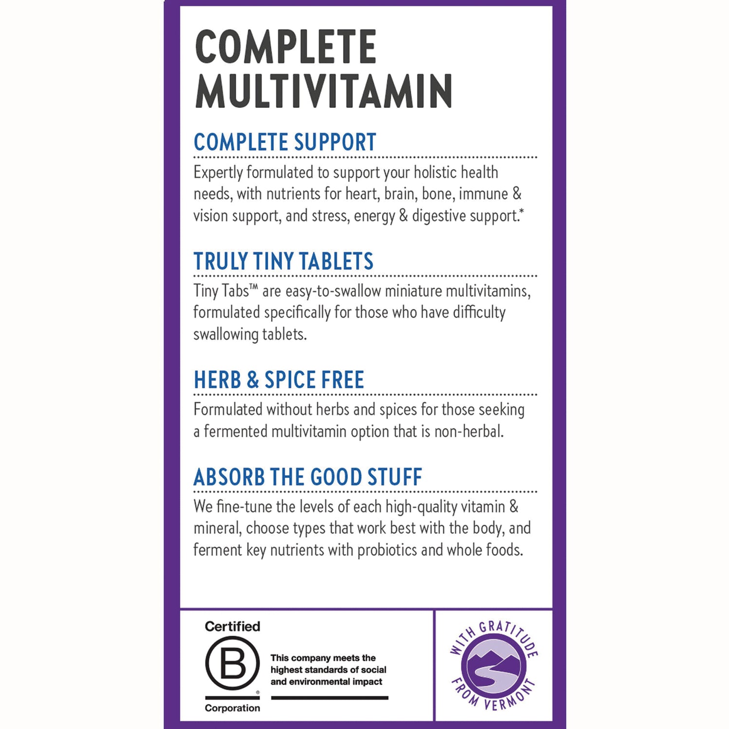 NWC210 | Complete Multivitamin product infographic listing complete support, truly tiny tablets, herb & spice free, absorb the good stuff