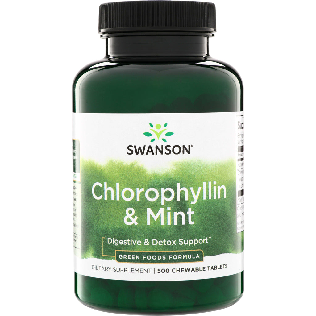 SWR081 | Swanson Chlorophyllin & Mint, Digestive & Detox Support, 500 chewable tablets bottle front - Thumbnail