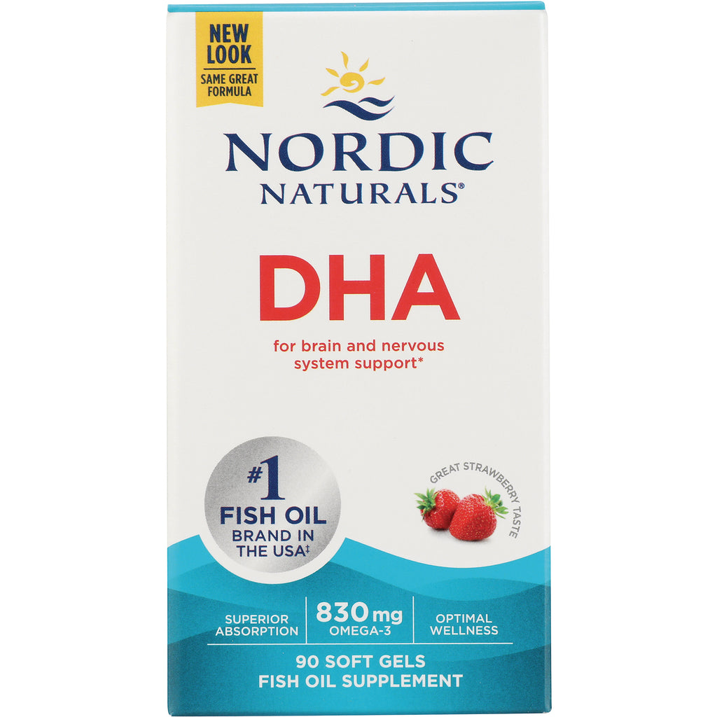 NRN010 | Nordic Naturals DHA fish oil supplement box, 90 soft gels, 830 mg omega-3, strawberry flavor - Thumbnail