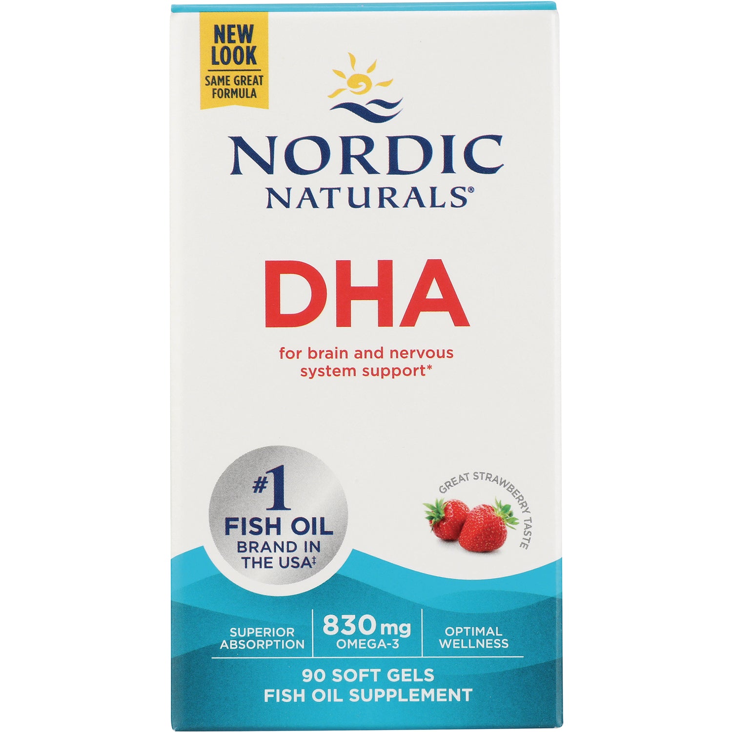 NRN010 | Nordic Naturals DHA fish oil supplement box, 90 soft gels, 830 mg omega-3, strawberry flavor