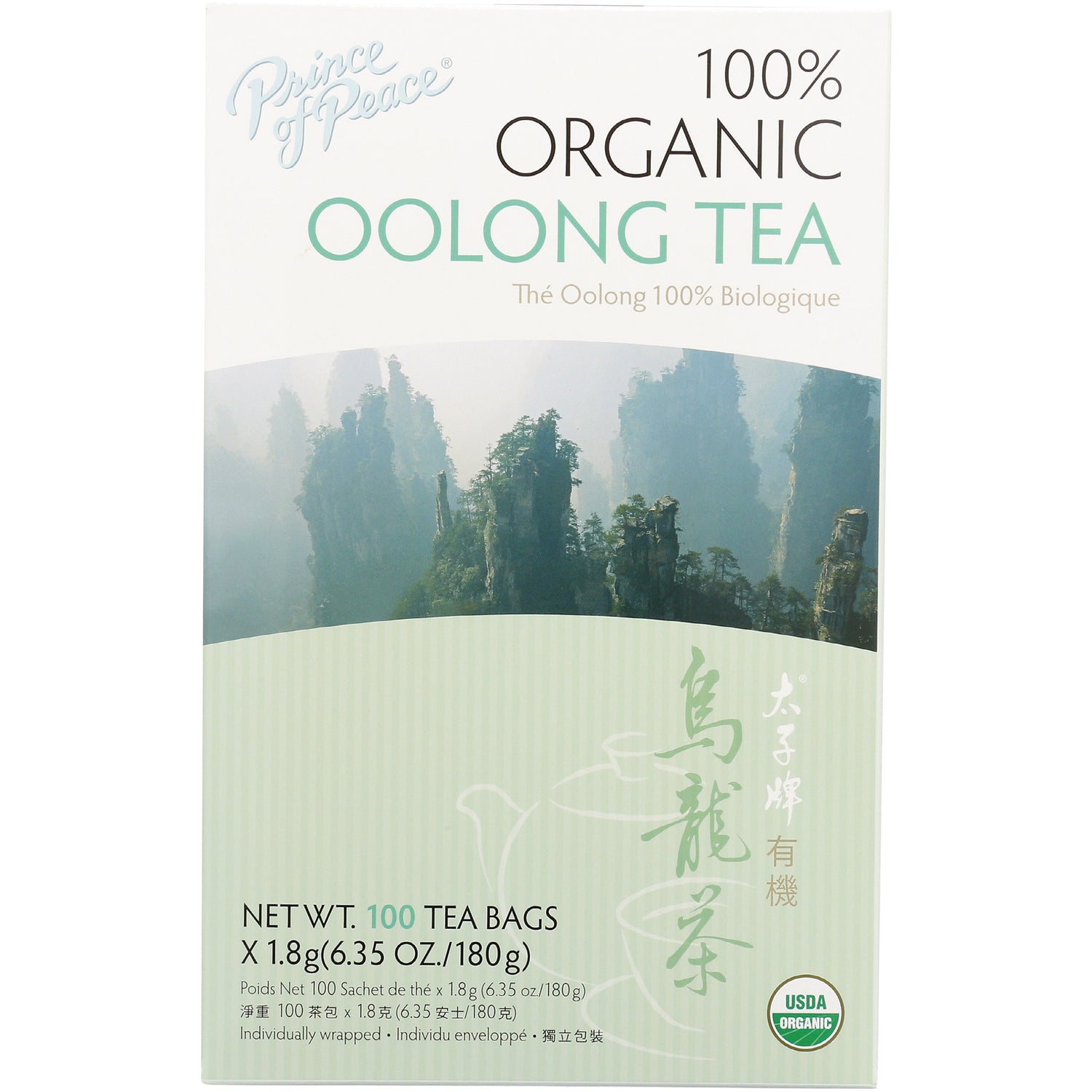 POP003 | Prince of Peace 100% Organic Oolong Tea box with mountain landscape, 100 tea bags