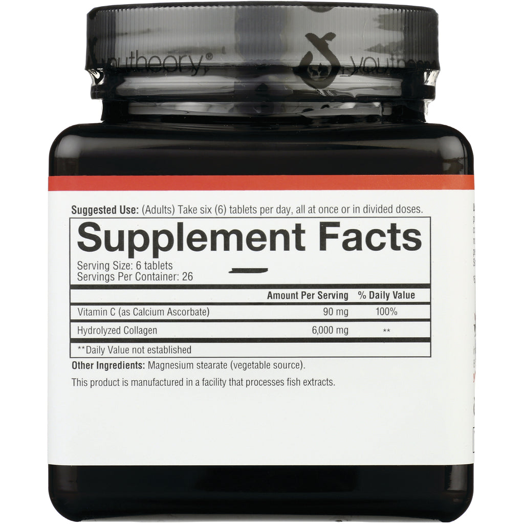 YOU009 | Supplement Facts panel for collagen tablets; serving size 6 tablets; Vitamin C 90 mg; Hydrolyzed Collagen 6,000 mg - Thumbnail