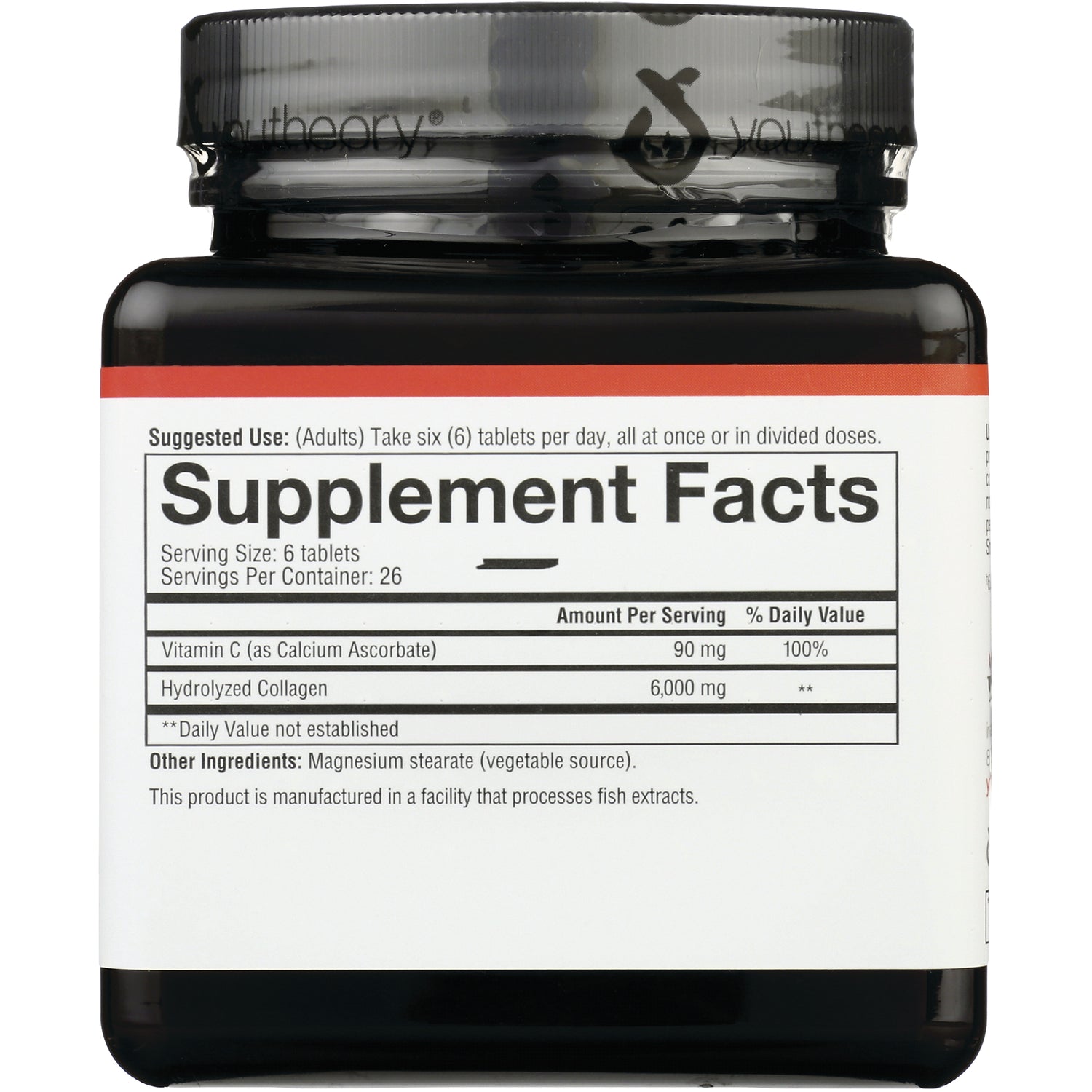 YOU009 | Supplement Facts panel for collagen tablets; serving size 6 tablets; Vitamin C 90 mg; Hydrolyzed Collagen 6,000 mg